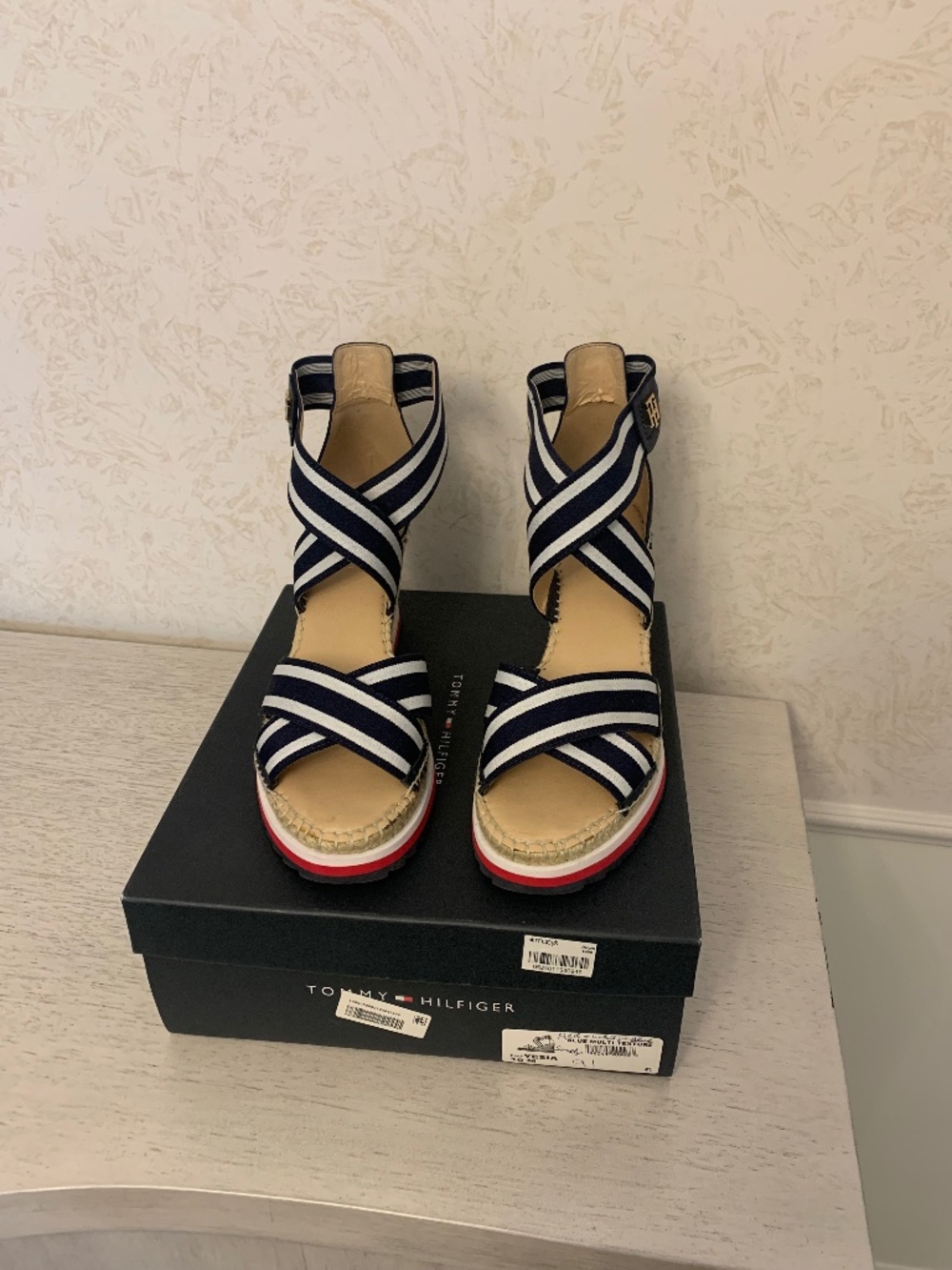 Tommy Hilfiger Red, White, and Blue Wedged Heel Sandals, Size 10